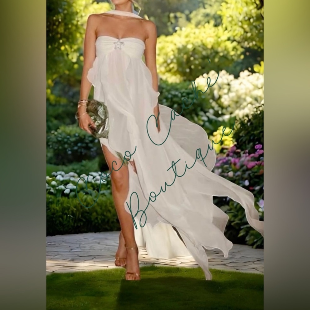 Sophia Elegant White Flowing Strapless Halter Cocktail Party Gown